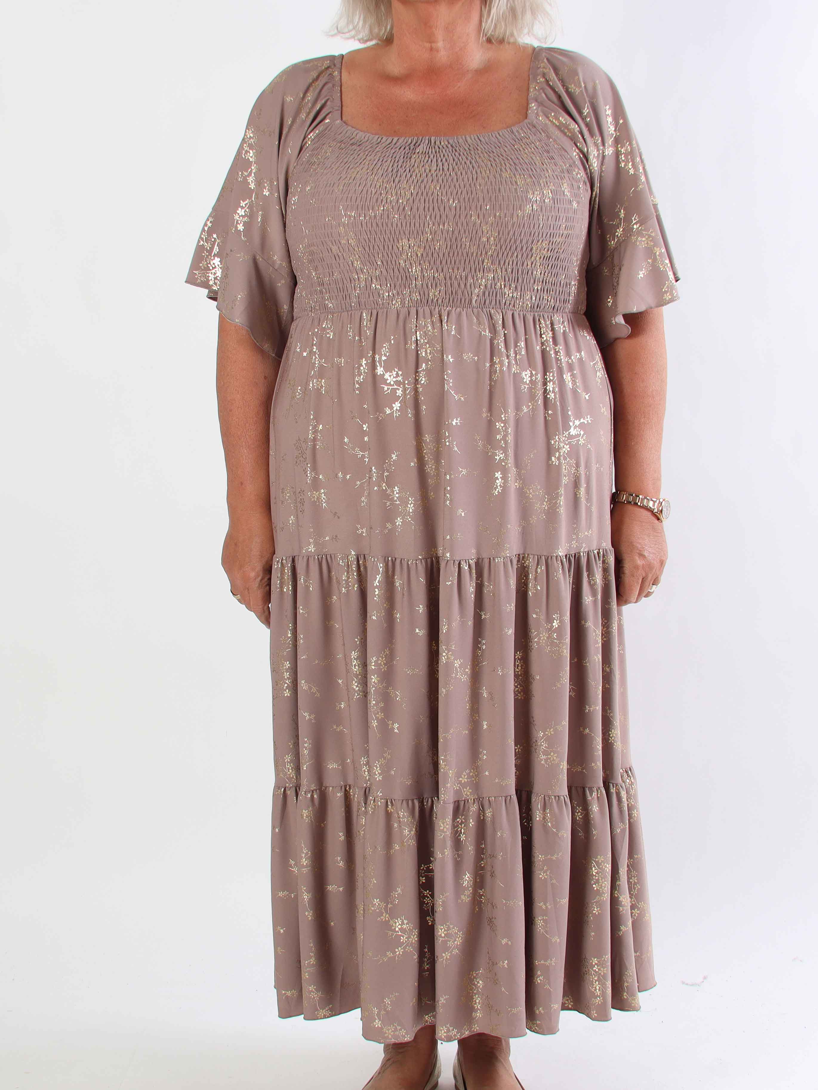 Elna Gold - Enfärgad plus size klänning med resår och guldmönster